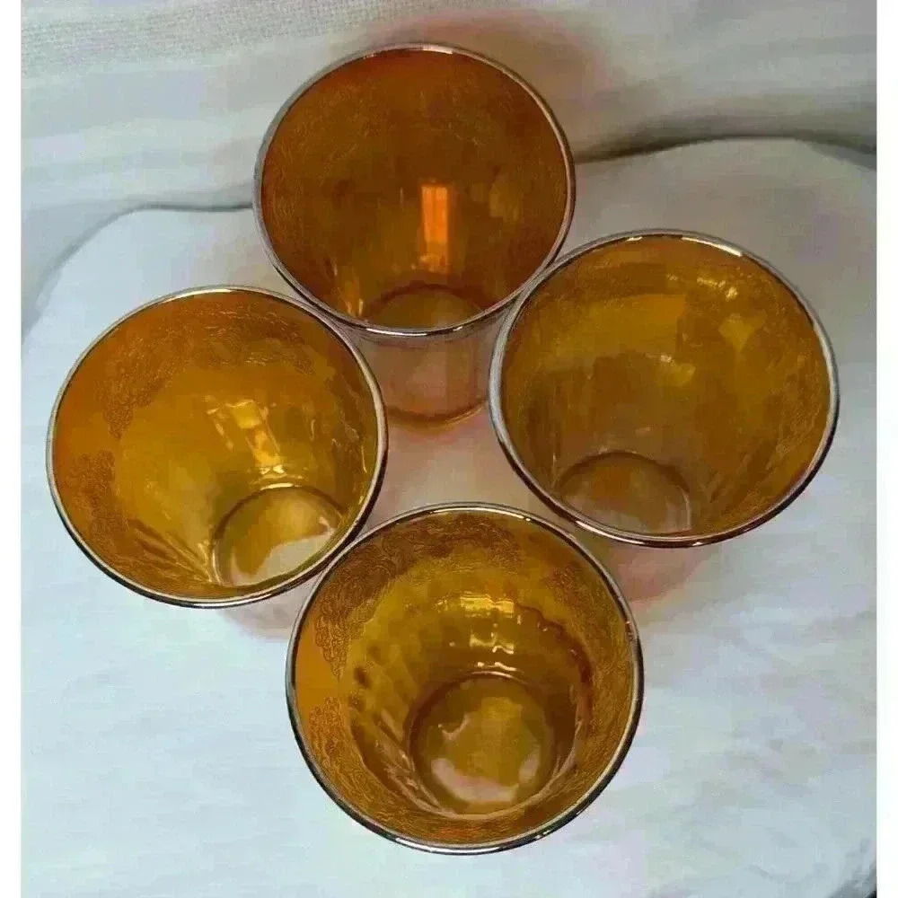 Set Of 4 Iridescent Carnival Drinking Glasses Fruit Motif 4" x3-1/4" Amber Color - Picture 8 of 14